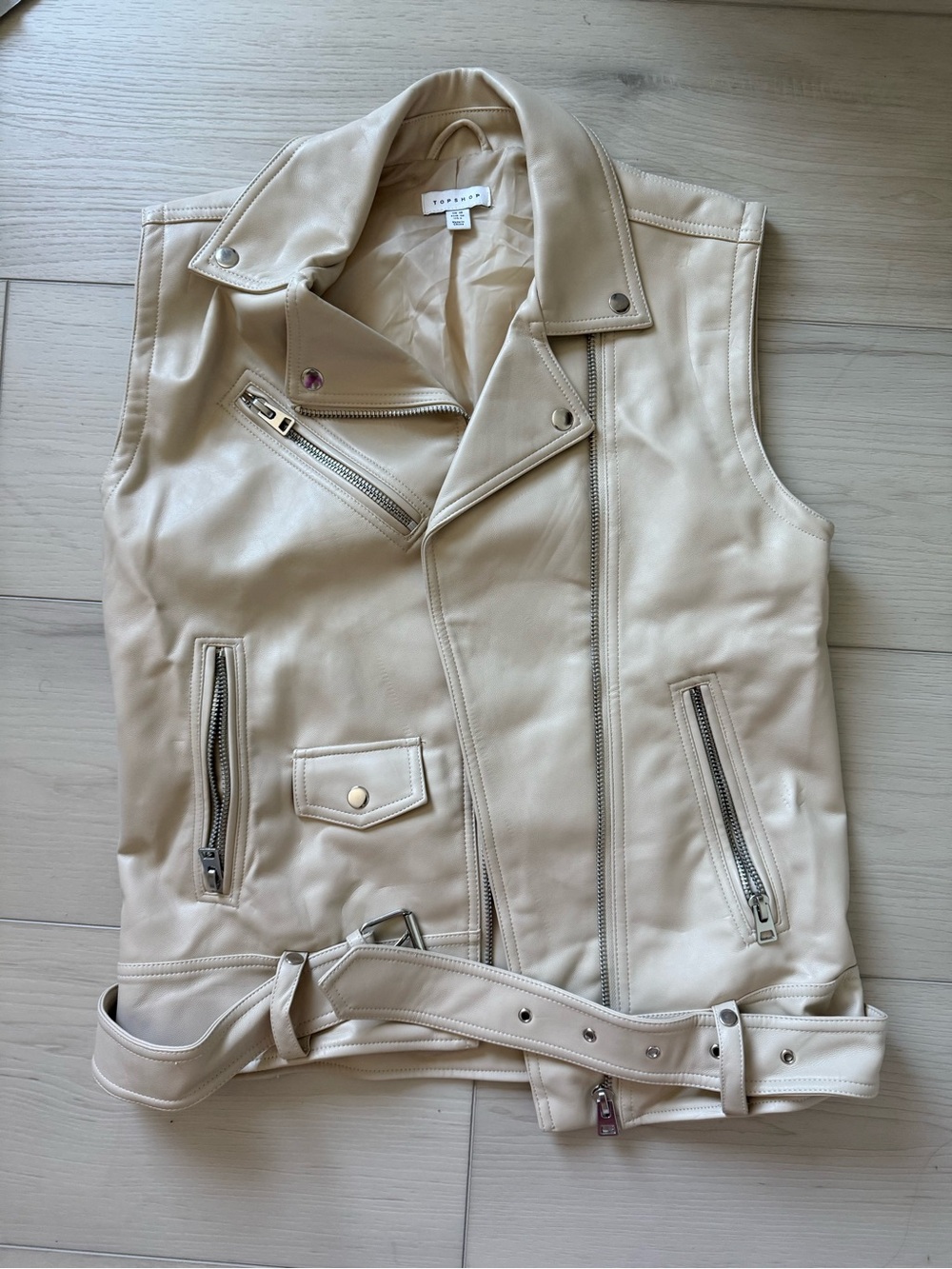 Topshop Cream Leather Moto Vest